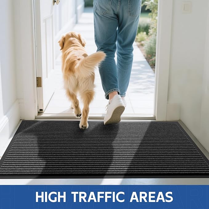 Front Door Mat, 4' x 6' Heavy Duty Indoor Outdoor Door Mat for Entryway, Commercial Door Mats Entrance, Low Profile Welcome Mats Non-Slip, Durable Rubber Backing Entry Mat for Patio, Home