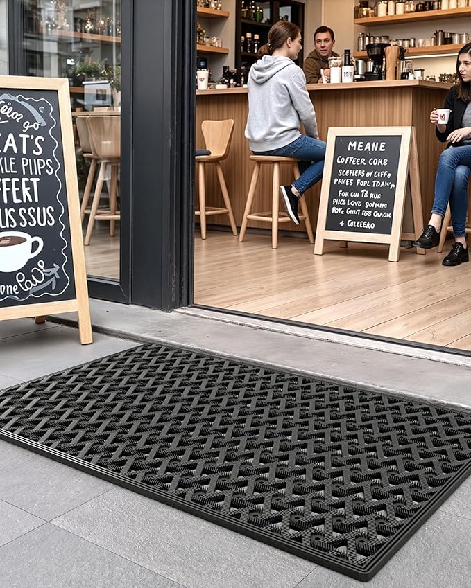 DEXI Front Door Mat Outside Entrance Rubber 32x48, Welcome Floor Doormat Heavy Duty Non Slip, Dirt Trapper Waterproof Exterior Entry Mats All Weather for Patio Entryway Drainage, Black