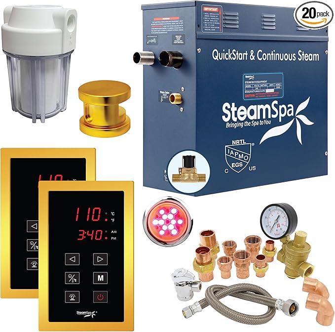 SteamSpa Executive 4.5 KW QuickStart ACU-Steam Bath Generator Package with Built-in Auto Drain and Install Kit in Polished Gold,Steam Generator Kit with Dual Control Panel Steamhead 240V EXT450GD-A