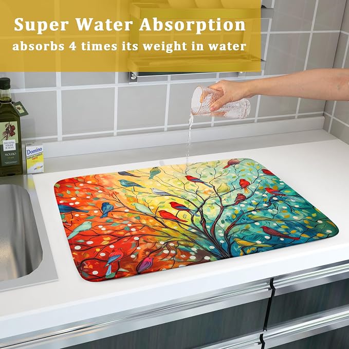 Dish Drying Mat for Kitchen Counter 18x24 Inch Summer Floral Birds Kitchen - Image 7