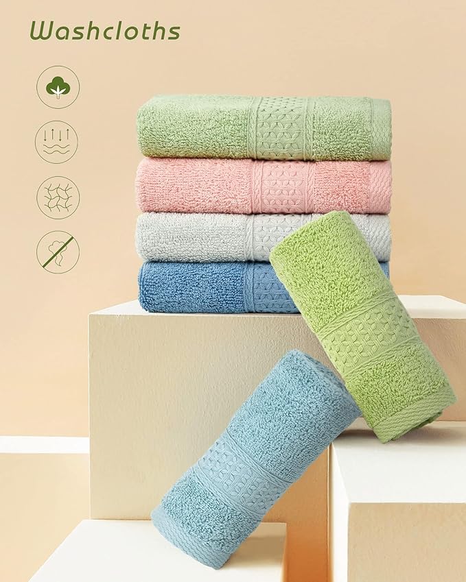 Cleanbear Pure Cotton Wash Cloths Face Cloths, 6 Colors, 13 x 13 Inches | - Image 2