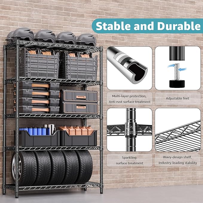 1750 lbs Steel Storage Shelving 5-Tier Utility Shelving Unit Steel Organizer Wire Rack for Home,Kitchen,Office,Garage, 1750 LBS Capacity 17.7" D x 47.2" W x 72.3" H