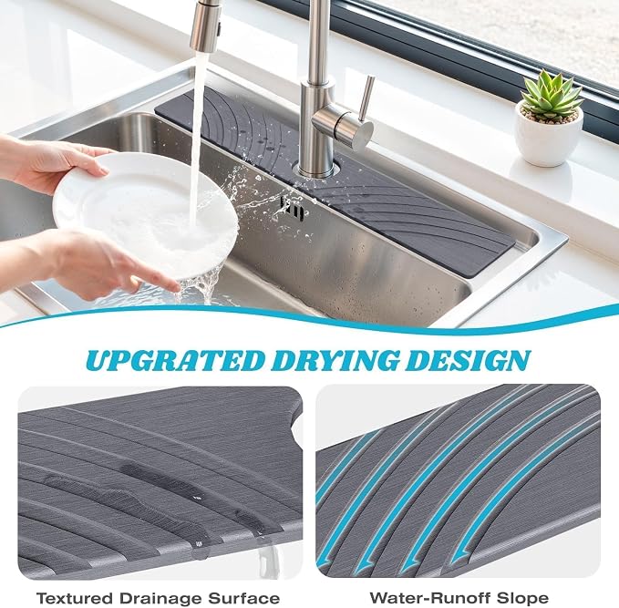 SpaceHacks Stone Faucet Mat for Kitchen Sink 23.7x4 in, Dark Gray | Fast Drying - Image 3