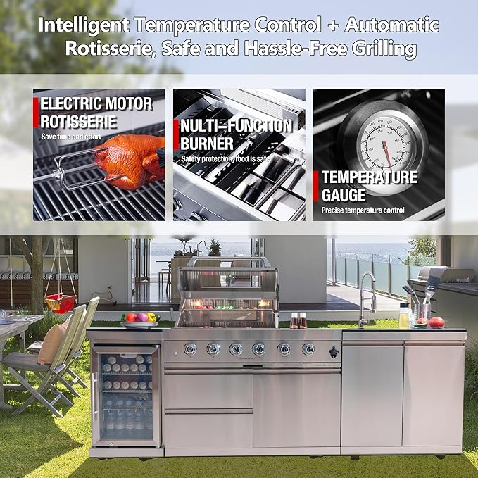 104 Inch Outdoor Kitchen Island, 7200 BTU Gas Grill Combination With Refrigerator and Sink, Outdoor Stainless Steel Barbecue Bar, Natural Gas Barbecue Grill for Patios, Gardens, Parties