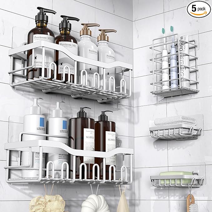 Shower Caddy 5 Pack, Adhesive Shower Organizer by EUDELE
