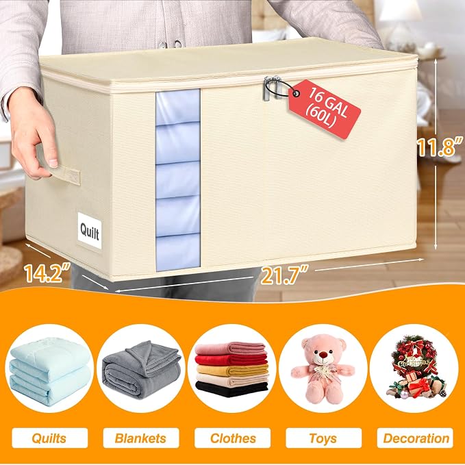 60L Rigid-Sided Blanket Storage Bags, 2 Pack, Stackable Design, - Image 2