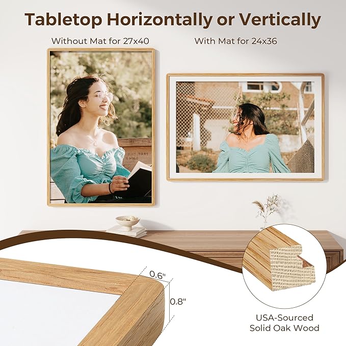 27x40 Picture Frame, 27 x 40 Poster Frame - Solid Oak Wood, 27 by 40 Frame with Tempered Glass, 27"x40" Wood Frame with Mat for 24"x36", Minimalist 27x40 Frames for Wall, Natural Oak Color, 1 Pack