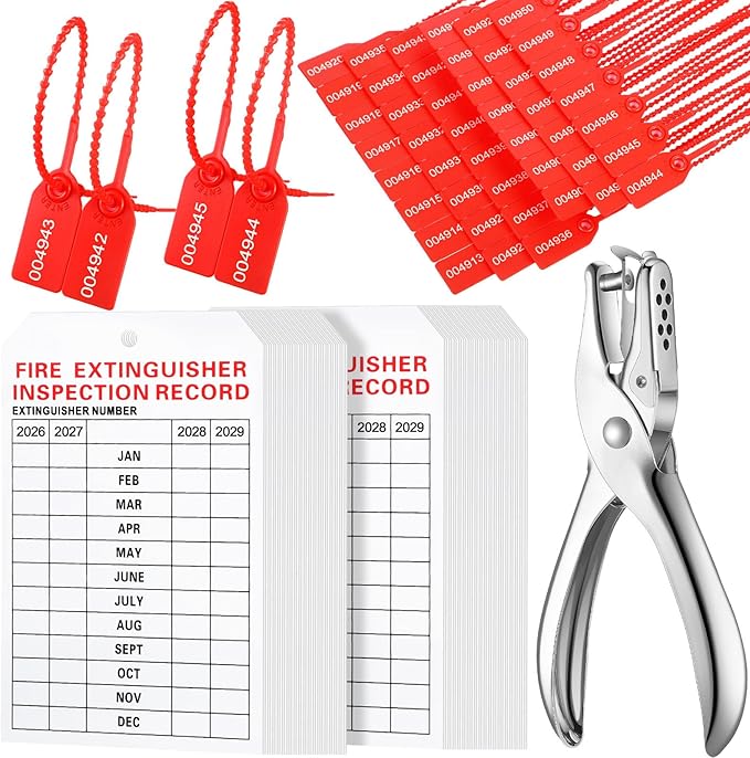 Chunful 101 Pieces Monthly Fire Extinguisher Inspection Tags 2026 to 2029 Plastic Maintenance Record Tags 5 x 3.25 Inch with Hole Puncher Adjustable Wire Ties Tamper Seals Numbered Security(White)