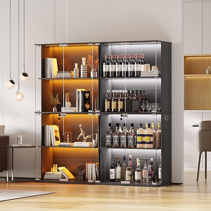Lvifur Display Cabinet with Glass Doors, 66" Curio Cabinet with Lockable, 4-Tier Bookcase with 3 Color Lights for Collectibles, Storage Cabinets with Human Body for Books, Toys, Black