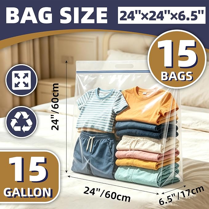 15 Pack Heavy Duty 15 Gallon Clear Zipper Bags - Image 2