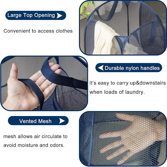 2 Pack Collapsible Pop Up Laundry Basket, Large Capacity Mesh Hamper - Image 4