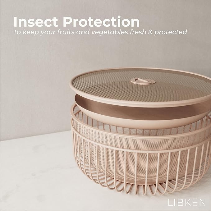 Metal Fruit Bowl with Mesh Lid and Basket - Fruit and Vegetable Holder For Kitchen Counter - Countertop Display Baskets Organizer - Bowl Storage for Veggie, Fruits, Snack, and Banana - Peach