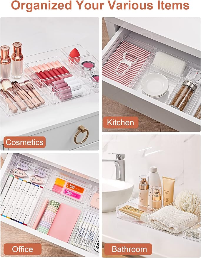 SMARTAKE 13 PCS Drawer Organizer 5-Size Desk Makeup Drawer Organizer Clear | - Image 6