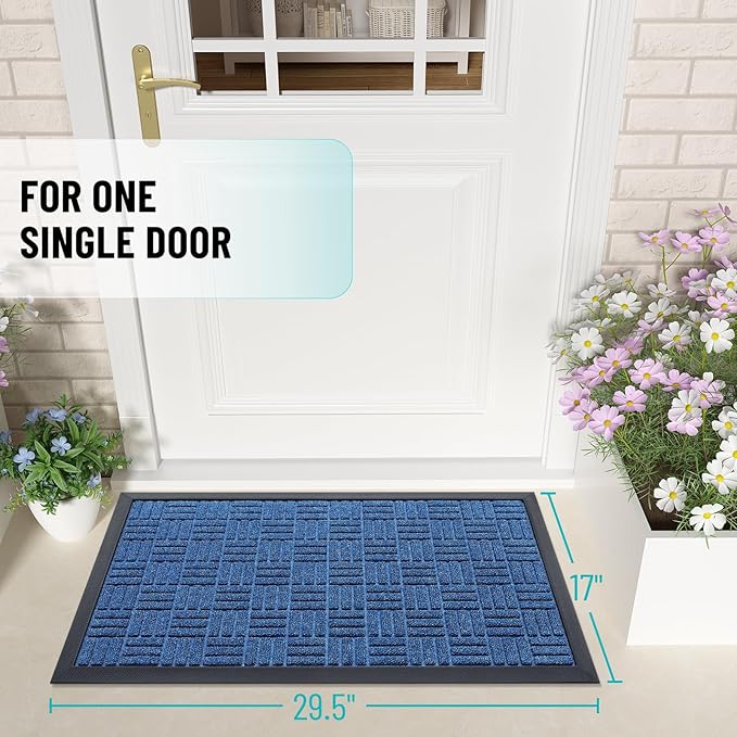 OLANLY Front Door Mat Outside Entrance 29.5x17, Absorbent, Heavy Duty Sturdy Natural Rubber Doormat Indoor Outdoor, Non-Slip, Stain and Fade Resistant, Low Profile Floor Mat for Entryway, Ocean Blue
