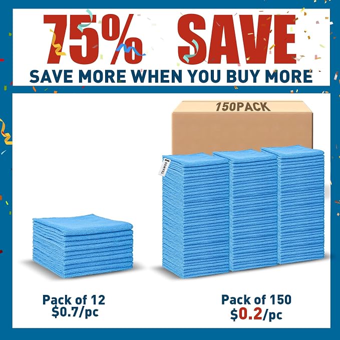 TEAWOO Blue Microfiber Towels Bulk-150 Pack, Cleaning Cloths | Microfiber Towels - Image 2