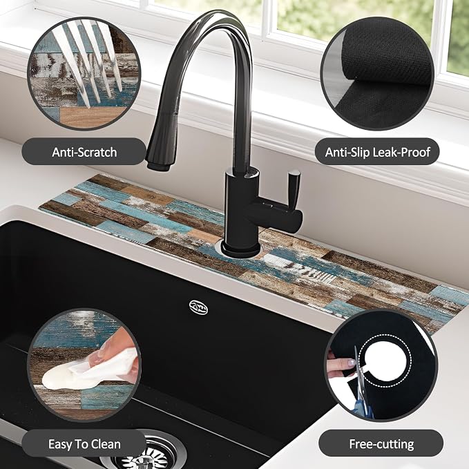2PCS 24" X 5.5" Kitchen Sink Splash Guard Faucet Mat Wood Grain Super Absorbent - Image 6
