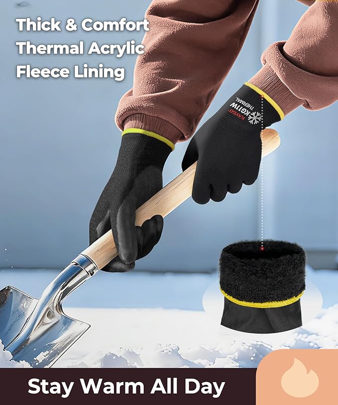 KAYGO Winter Work Gloves for Men and Women, 12 Pairs Thermal Insulated Safety Work Gloves PU Coated, Smooth Grip on Palm & Fingers,Ideal for Freezer Work,Black,XL