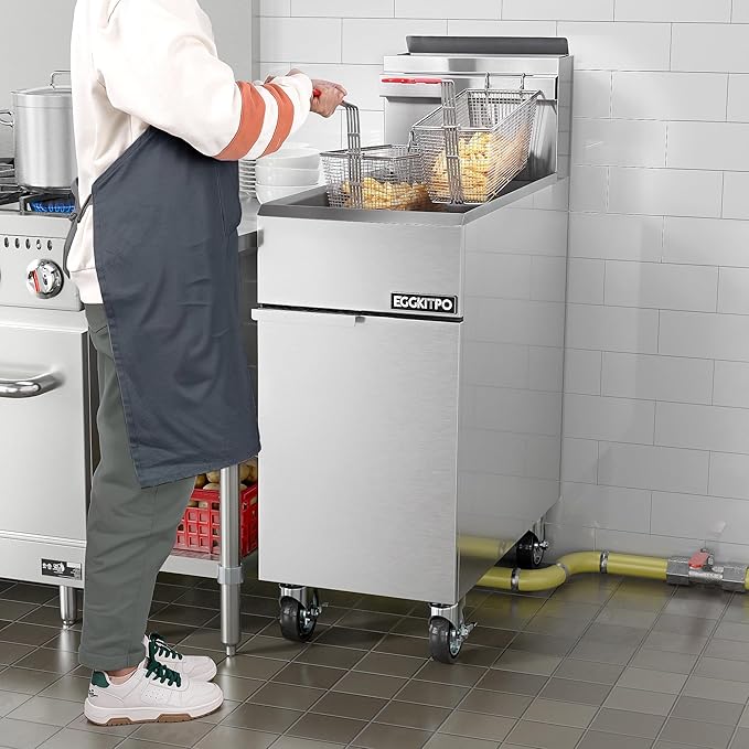 EGGKITPO Commercial Liquid Propane Gas Fryer 3 Burnner 90,000 BTU CSA Certified Commercial Deep Fryer with 40lb. Oil Capacity Stainless Steel Floor Fryer with 2 Baskets for Restaurant and Business Use