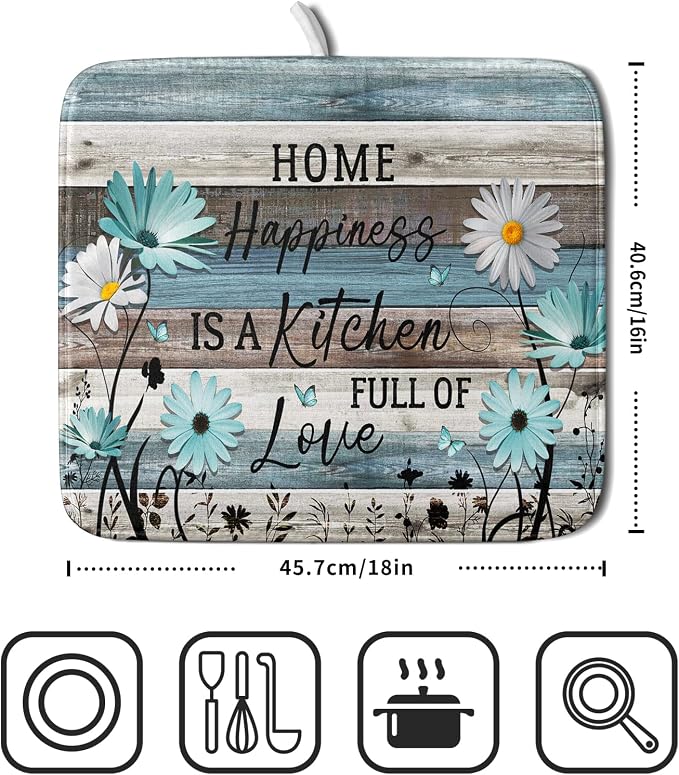 Daisy Floral Dish Drying Mat 16x18 Inches Rustic Wood Microfiber Absorbent - Image 2