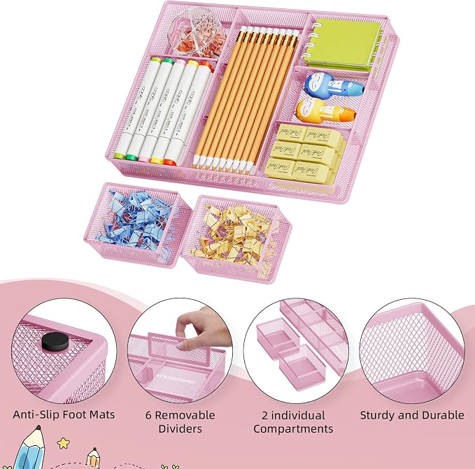 Marbrasse Mesh Desk Drawer Organizer Tray 3 Packs, 9 Adjustable Compartments - Image 4