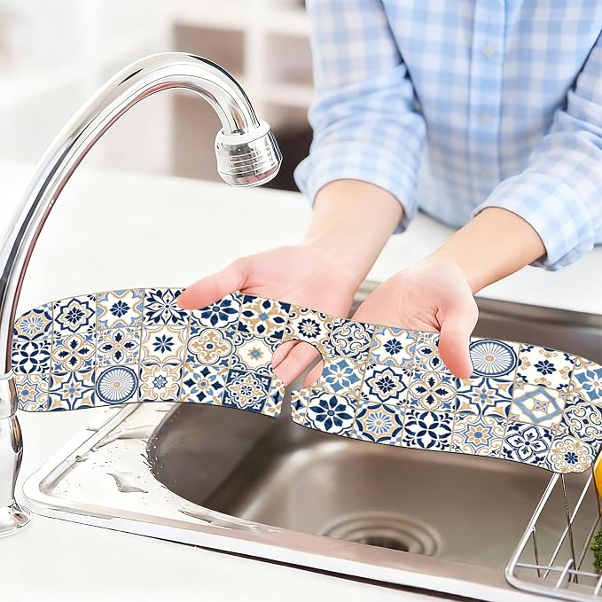 2 Pcs Kitchen Sink Splash Guard Faucet Mat Blue-toned Tile Faucet Mat - Image 6