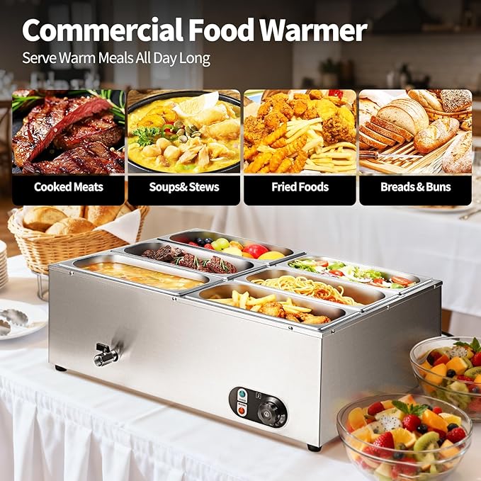 Commercial Food Warmer 48 Qt Stainless Steel Steam Table Countertop Buffet Warmer, 6-Pan 1500W Electric Bain Marie Food Warmer with Adjustable Temperature for Restaurants, Catering, Hotels