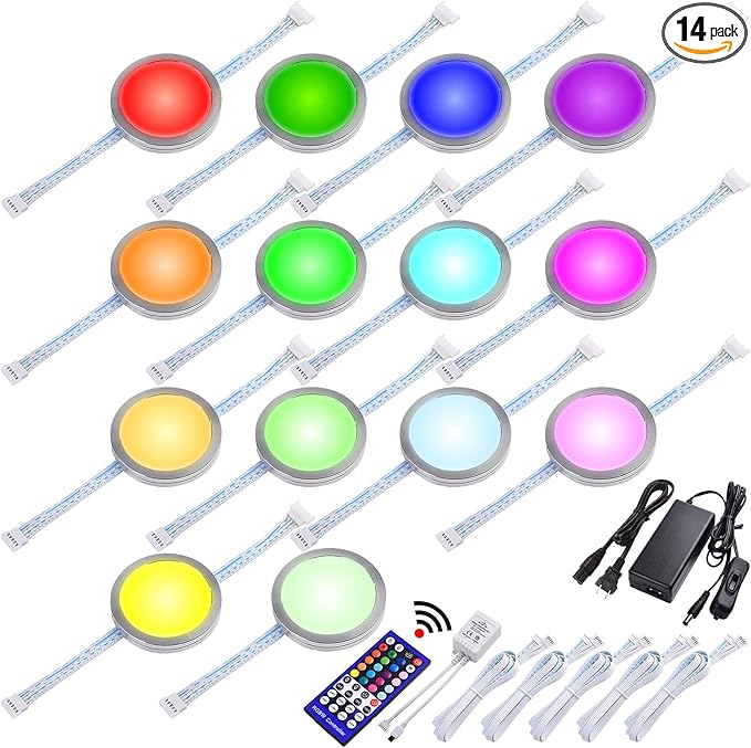 RGBWW Under Cabinet Display Cases LED Lighting, RGB & Pure Warm White, Daisy Chained Linkable Puck Light, Remote Dimmable, 120V to 12V Direct Hard Wired & Wall Plug in, 14 Lights