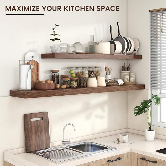 Floating Shelves for Wall 55"W x 10"D x 1.5"H, Long Engineered Wood Wall Shelves with Invisible Brackets for Living Room Bedroom Bathroom Office Kitchen Decor and Storage, Walnut Finish, Set of 1