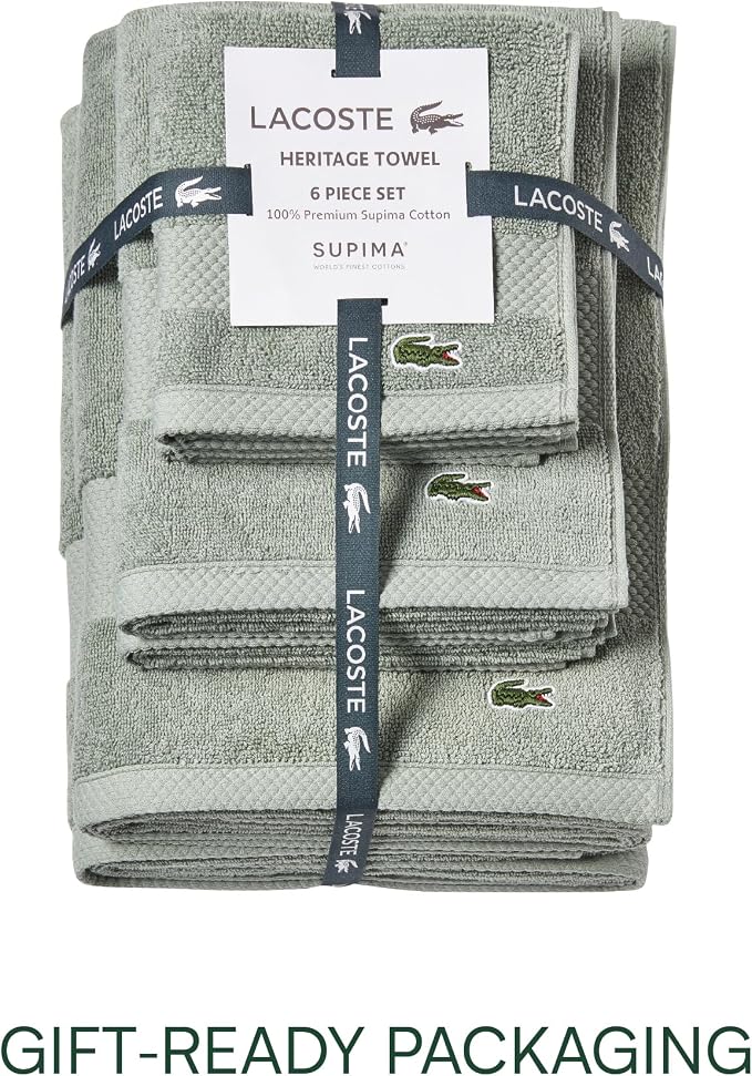 Lacoste Heritage Supima Cotton 6-Piece Towel Set, Aloe | Highly Absorbent - Image 4