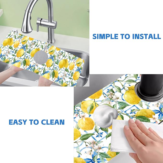 Yellow Lemons and Blue Tiles Sink Faucet Absorbing Mat Splash Guard Behind - Image 5