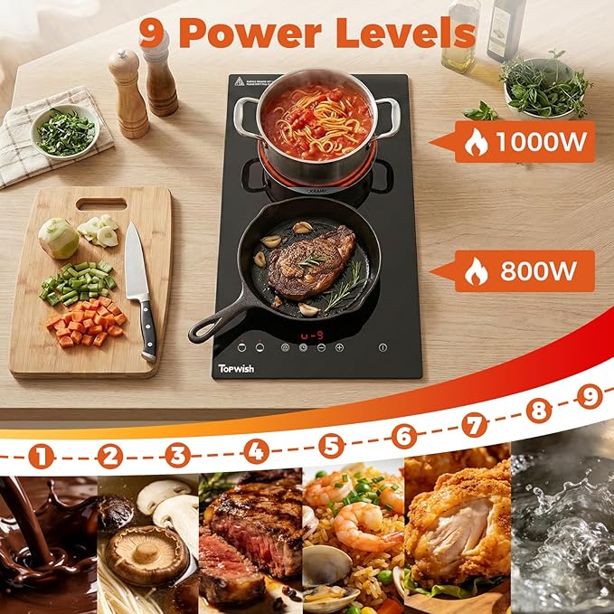 2 Burner Electric Cooktop, 12 Inch Built-in Ceramic Cooktop, 120v Plug in Electric Stove Top Burner with Child Lock, Timer, Sensor Touch Control, Over-Temperature Protection