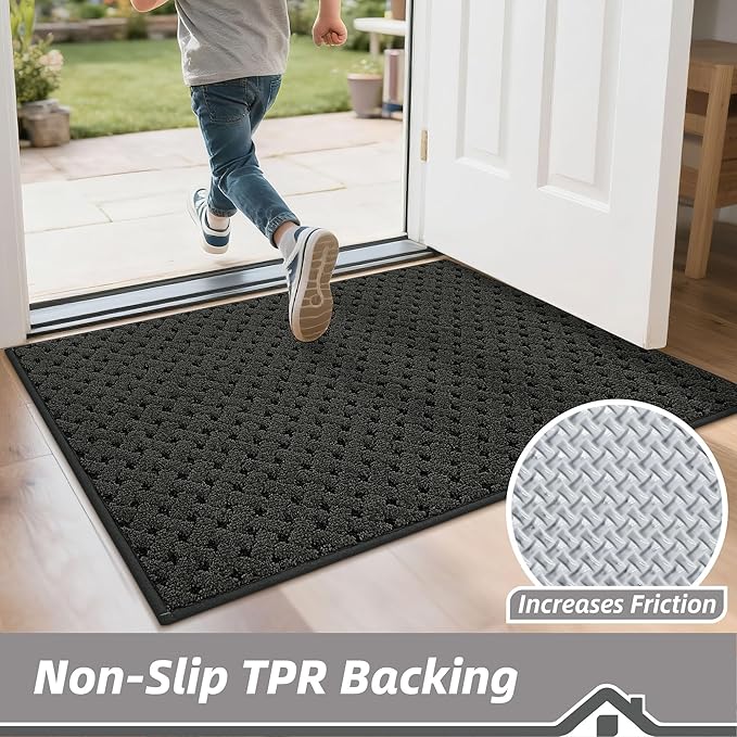 BEQHAUSE Dirt Trapper Door Mat Non-Slip Entryway Rugs Stain Resistant Absorbent Dog Doormats Woven-Look Washable Welcome Floor Doormat For Front Back Door, Muddy Wet Shoes & Paws, 20" x 32", Dark Grey
