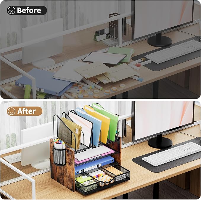 Marbrasse Desk organizer with Drawer, 4-Tier Wooden File Organizer with 5 - Image 5