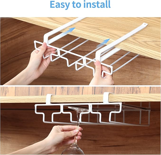 Wine Glass Rack Under Cabinet Drilling Free No Screw Steamware Holder Under Shelf Metal Wine Glasses Holders 304 Stainless Steel Hanger Storage Organizer Hanging Glass Fit for Bar Kitchen 3 Rows White
