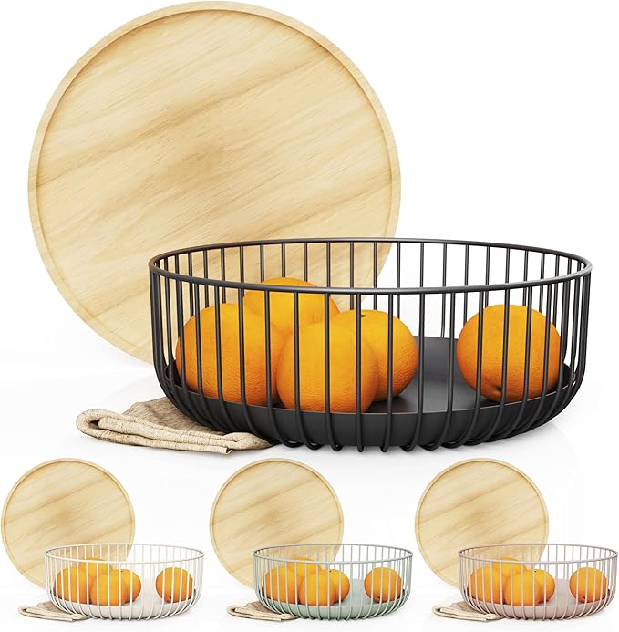 Fruit Basket with Wooden Bamboo Lid - Fruit Bowl For Kitchen Counter - Countertop Bin for Produce Fruits, Potato and Veggie - Metal Wire Baskets For organizing - 11.4"x11.4"x4.5" - Black