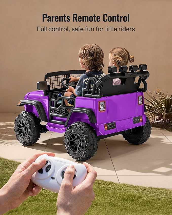 2 Seater Ride on Car Toy, 12V Electric Car for Kids 4-8 with Remote Control, Capacity 110 lb, LED Light - Purple