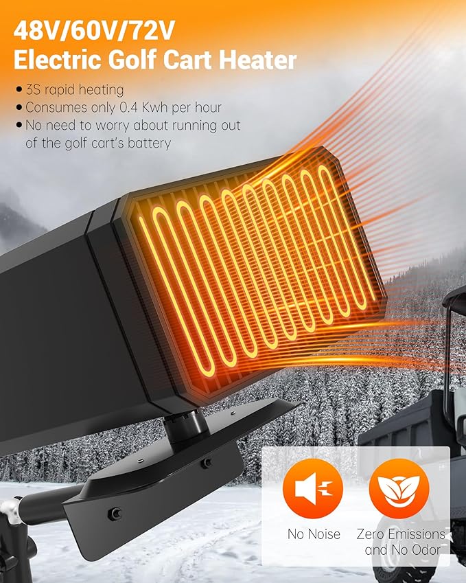 Electric Golf Cart Heater, 400W Safe & Quiet Fast Heating Carbon Fiber Battery Operated Heater with Fixing Clip, 360° Rotation, Fit for Club Cars/Yamaha/EZGOs 48V/60V/72V Golf Carts