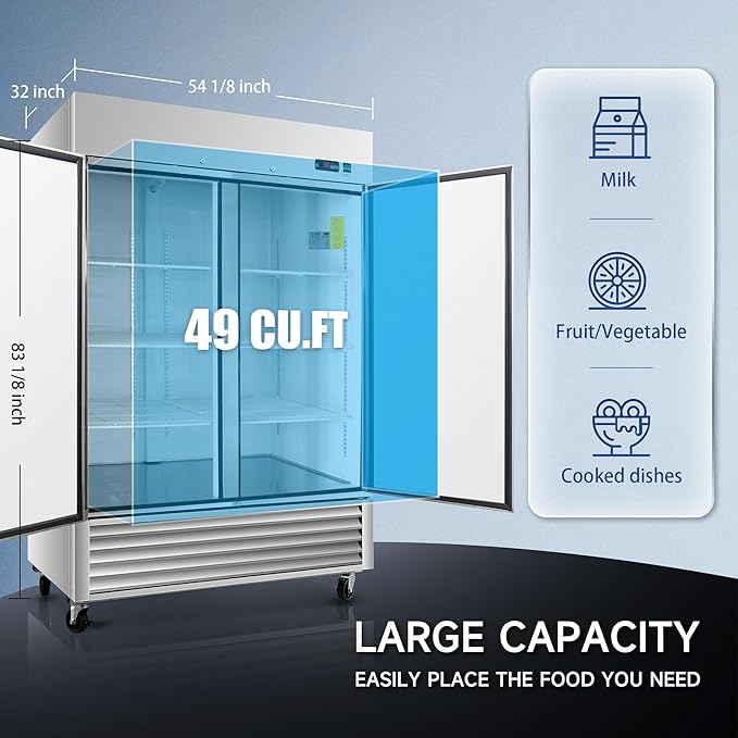 54" W Commercial Refrigerator 2 Door, 49 Cu.ft Commercial Fridge, Stainless Steel Reach-In Refrigerator Upright, ETL Approved for Restaurant, Bar, Shop