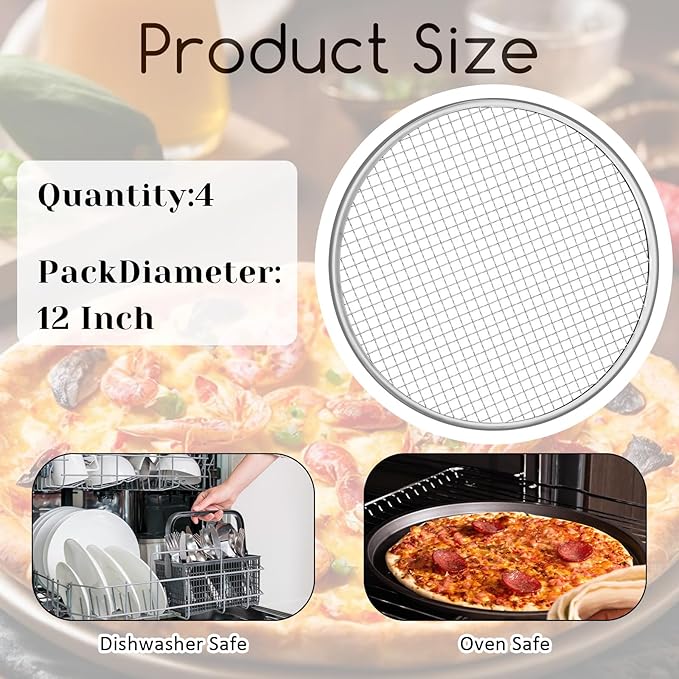 4 Pack 12 Inch Pizza Screen, Aluminum Alloy Pizza Pan for Oven Nonstick Pizza Screen, Seamless Rim & Rust-Free, Pizza Baking Pan Pizza Crisper Tray for Kitchen, Commercial, BBQ