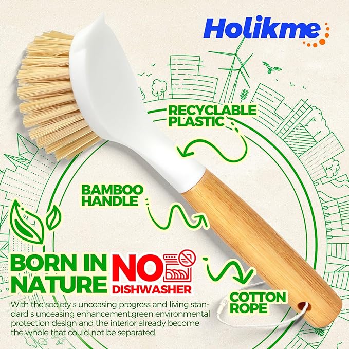 Holikme 3 Pack Dish Brush with Bamboo Handle Cleaning Brush, Pans and Vegetables - Image 5