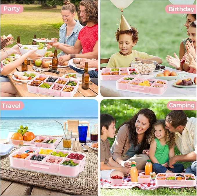 LUXEAR 2Pack 8-Compartment Divided Serving Tray with Lid and Handle - Airtight Leakproof Snackle Box Charcuterie Container for Fridge, Picnic, Party, Travel - BPA-Free Dishwasher Safe(Pink)