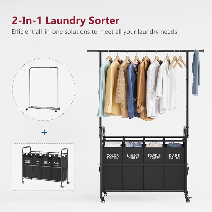 Tajsoon Laundry Sorter with Hanging Bar, 4 Section Laundry Hamper - Image 3