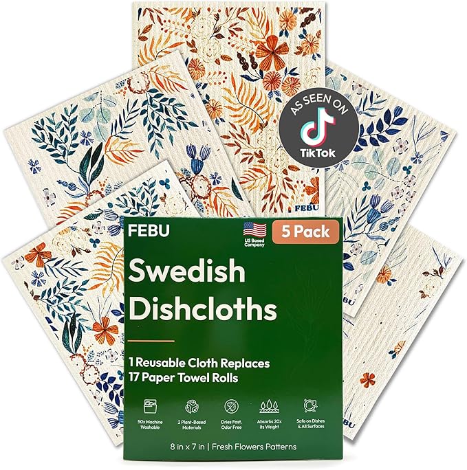 FEBU Swedish Dishcloths for Kitchen | 5 Pack Fresh Flowers Reusable Paper by FEBU