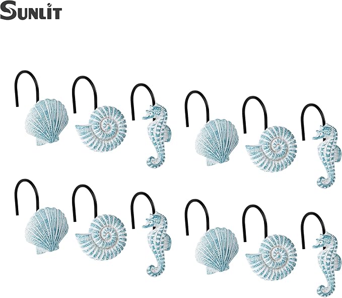 Sunlit Seashells Decorative Shower Curtain Hooks, Aqua Blue Ocean Creatures - Image 3