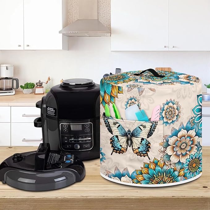 Bohemian Butterfly Print Rice Cooker Dust Cover with Pocket, Washable Pressure Cooker Cover Round Air Fryer Cover with Top Handle, Rice Cooker Cover Electric Cooker Cover
