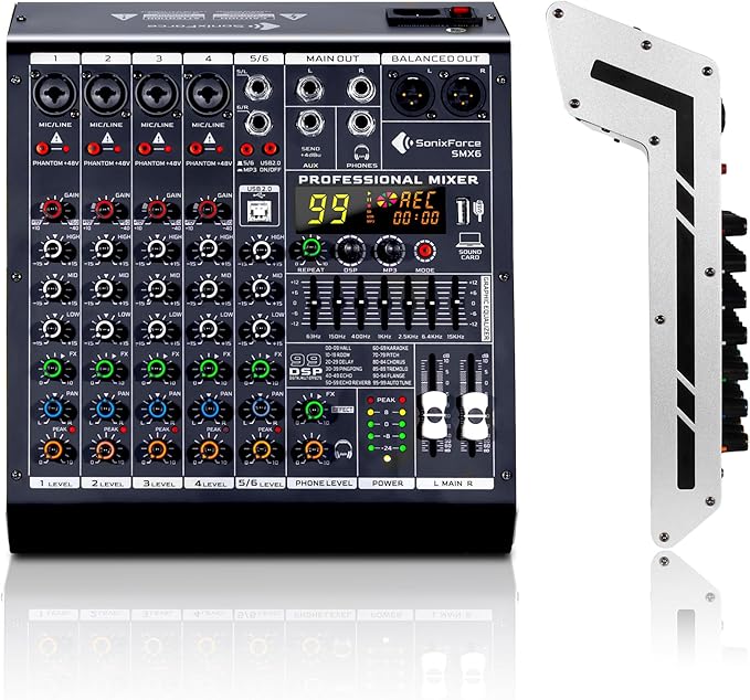 6 Channel Audio Mixer, 99 DSP Sound Board Console with 48V Phantom Power, Professional DJ Mixer for Podcasting, Streaming, Studio Recording (SMX6)