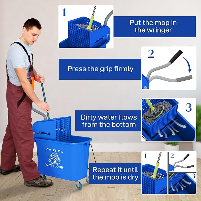 HOMCOM Commercial Mop Bucket Side Press Wringer Wheels 21 Quart Blue - Image 5