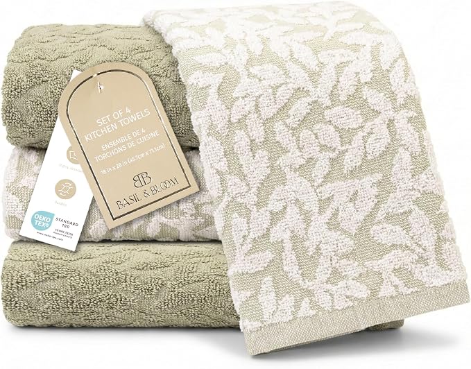 4 Pack Hand Towels, Cotton Sage Green and White Floral Kitchen Towel, Soft and by MosJos