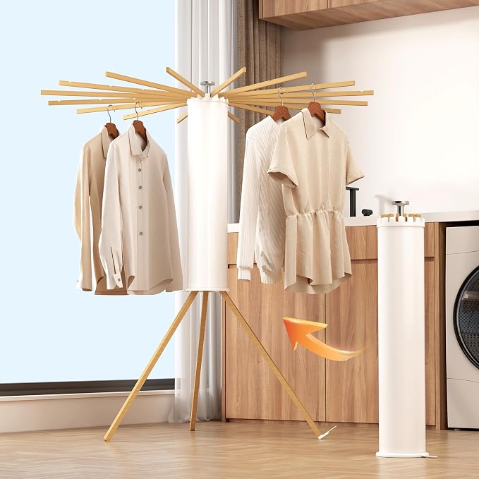 Heavy-Duty Wooden Tripod Clothes Drying Rack, 16 Rods, Large Capacity, 360° - Image 6