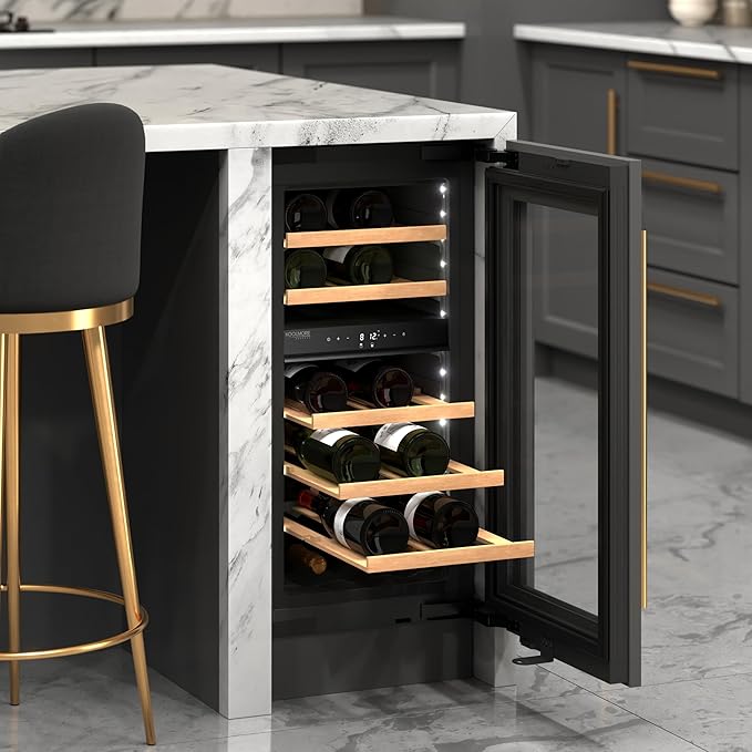 KoolMore Reserve 15 in. Under-Counter Panel Ready Dual Zone Built-in Wine Cooler with 23 Bottle Capacity and Wooden Shelves in Black, ETL Listed (KM-CW28DZ-WPR)